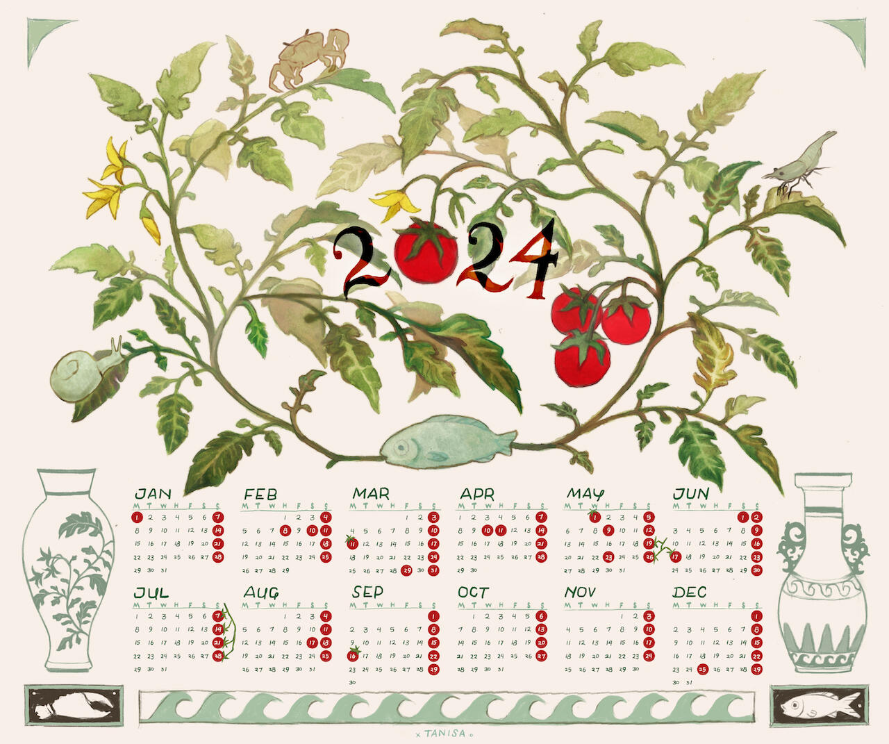 Calendar Personal project Watercolour and gouache, digitally edited 2024